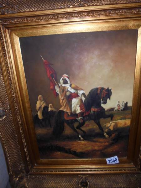 A gilt framed painting on board featuring a horse and rider, COLLECT ONLY. - Image 2 of 2