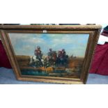A gilt framed oil on canvas featuring horses with riders, COLLECT ONLY.