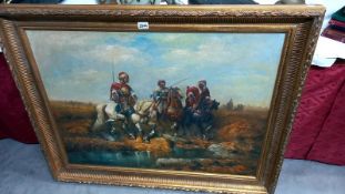 A gilt framed oil on canvas featuring horses with riders, COLLECT ONLY.