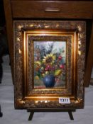 A gilt framed oil on board of still life vase of flowers image 11cm x 16cm, frame 30.5cm x 25.5cm