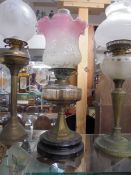 An old oil lamp on pot base with brass column, glass font and tulip shade, COLLECT ONLY.