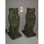 A pair of green verdigree cement garden lions height 36cm COLLECT ONLY