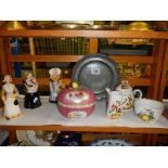 A pewter tray, china teapot, sugar bowl, milk jug, figures etc. COLLECT ONLY.