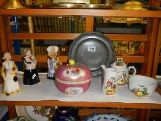 A pewter tray, china teapot, sugar bowl, milk jug, figures etc. COLLECT ONLY.