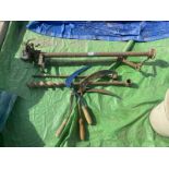 3 old hand scythes, large metal drill bits etc