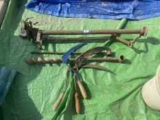 3 old hand scythes, large metal drill bits etc