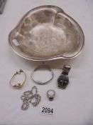 A silver ring, silver chain, silver bangle, gent's & ladies Seiko watches, and a silver plate dish.