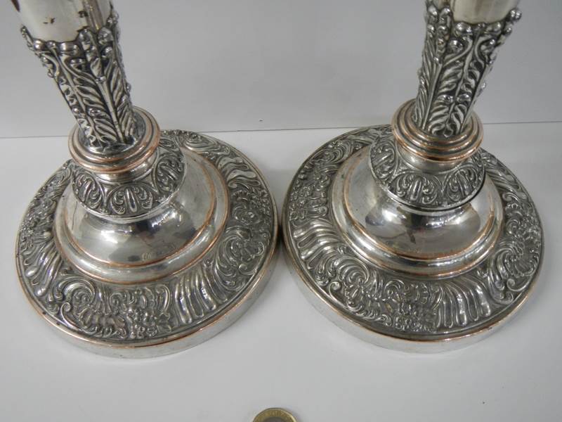 A pair of Sheffield silver plate on copper candlesticks, 28 cm. - Image 2 of 2