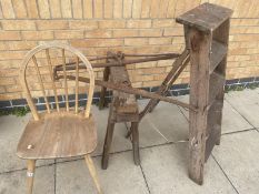 A wooden stel ladder, chair, metal items etc