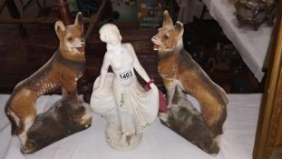 A pair of early 20c chalkware Alsatian type dogs and an art deco plaster figure, all a/f Figure