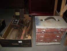 A vintage aluminiun 4 drawer tool chest, boxed expanding drill bits etc COLLECT ONLY