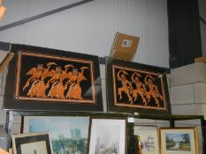 Two framed oil on board featuring mythological dancers. COLLECT ONLY.