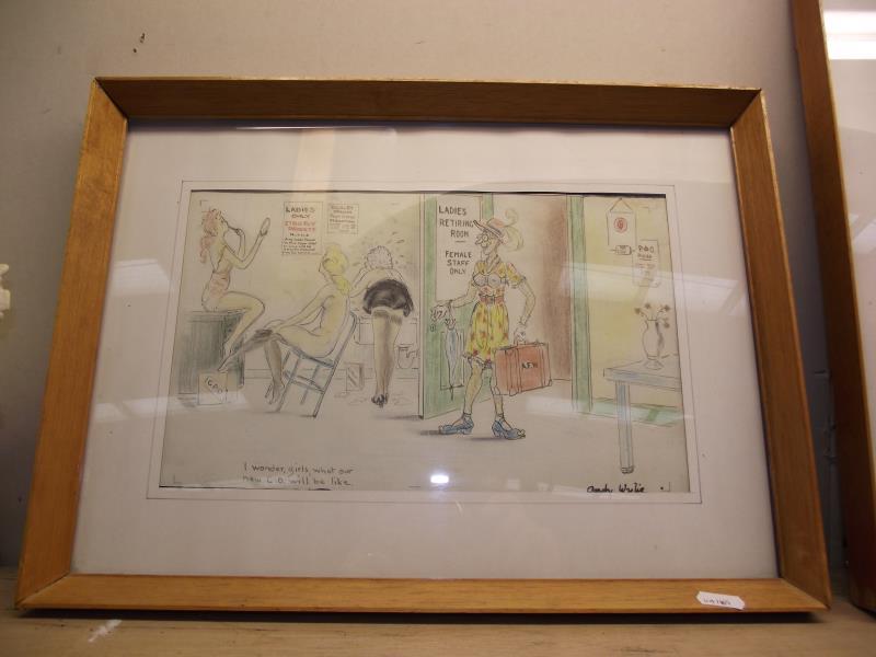 3 framed and glazed original pen and ink cartoon drawings by Andy Wylie (Saucy 1950's humour) - Image 2 of 4