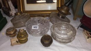 4 glass oil lamp fonts and various burners a/f