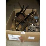 A Brass fanfare trumpet, brass and copper post horn, toasting fork etc, COLLECT ONLY