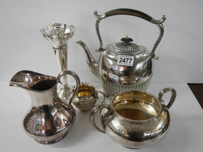 A silver plate kettle, jug, spill vase etc.,