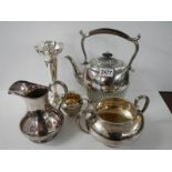 A silver plate kettle, jug, spill vase etc.,