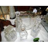 4 decanters 2 with Coalport drink labels and a large German Pils glass boot