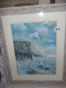 A framed and glazed unsigned watercolour seascape, COLLECT ONLY.