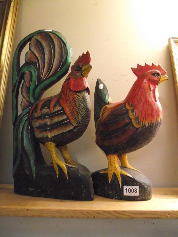 2 large painted wooden figures of a chicken and a cockerel height 38cm and 50cm