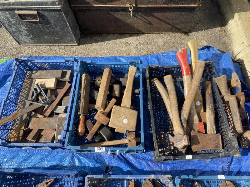 3 crates of tools including axes, mallet etc