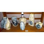 6 pieces of Carn pottery, Cornwall, signed Beusmans, includes vase and lamp base which needs