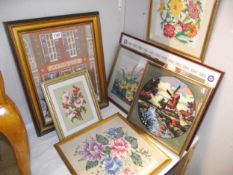 A quantity of framed and glazed woolwork tapestries etc