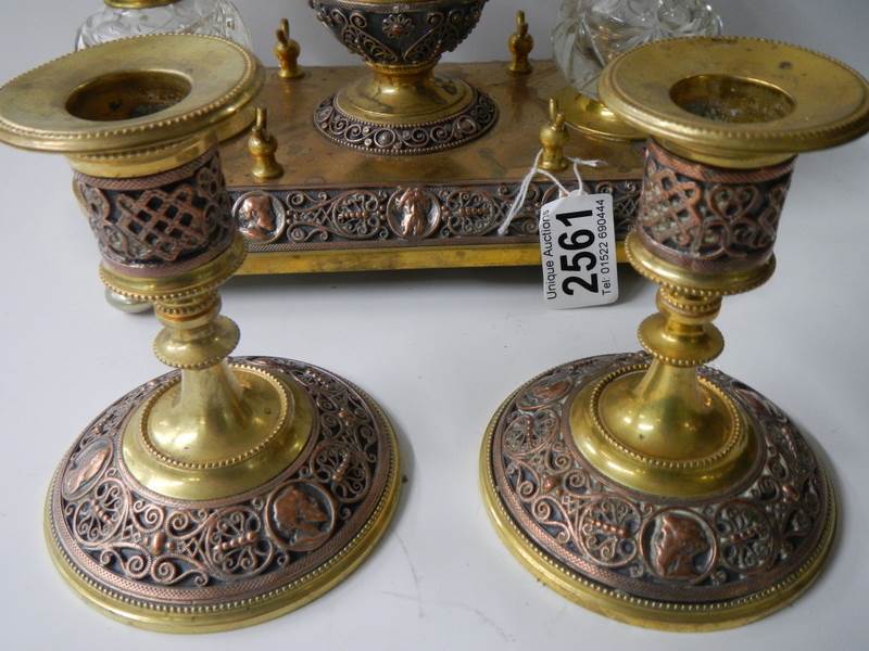 A late Victorian gilt bronze desk stand with matching inkwells and candlesticks. - Image 5 of 7