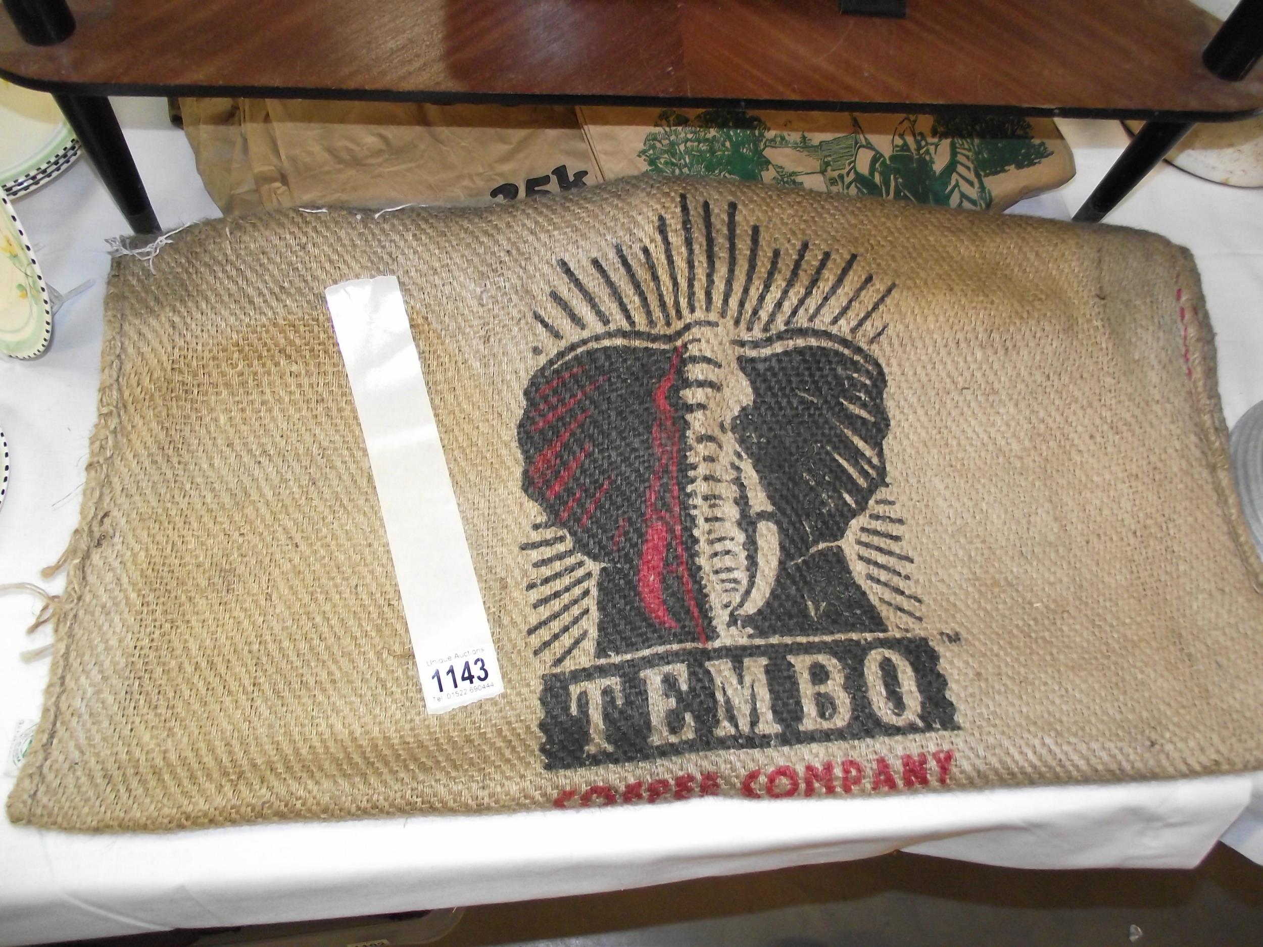 A vintage advertising coffee sack for Tembo coffee company and 2 potato bags