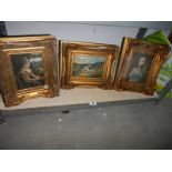 A gilt framed rural scene and two gilt framed portraits.