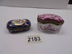 An early 19th century hand painted pill box depicting a battle scene a/f & a later Limoges pill box