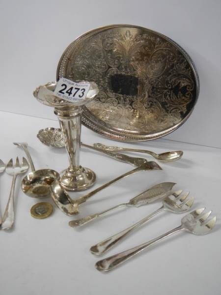 A silver plate card tray, spill vase, two ladles and other flatware. - Image 3 of 3