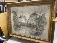 A framed and glazed French town scene (possibly watercolour)