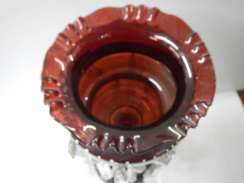 A Victorian hand decorated ruby glass lustre,, 32 cm. COLLECT ONLY. - Image 3 of 4