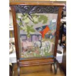 A 1930's oak fire screen with wool work of farming scene 54cm x 81cm COLLECT ONLY