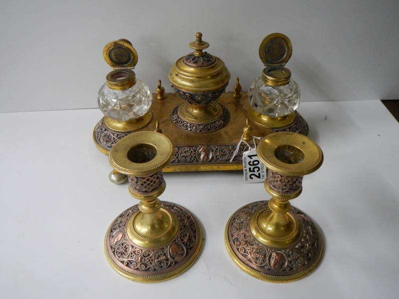 A late Victorian gilt bronze desk stand with matching inkwells and candlesticks. - Image 6 of 7