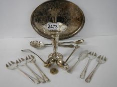 A silver plate card tray, spill vase, two ladles and other flatware.