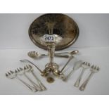 A silver plate card tray, spill vase, two ladles and other flatware.