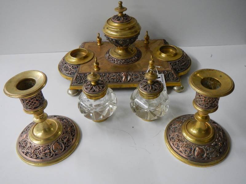 A late Victorian gilt bronze desk stand with matching inkwells and candlesticks. - Image 7 of 7