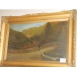 A gilt framed oil on canvas featuring a person on a bridge, COLLECT ONLY.
