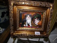 An oil on board of cat in gilt wood frame, image 11.5cm x 16cm, frame 30cm x 26cm