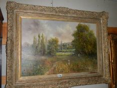 A large ornate framed oil on canvas of meadow valley scene signed Maxwell Parsons, COLLECT ONLY.