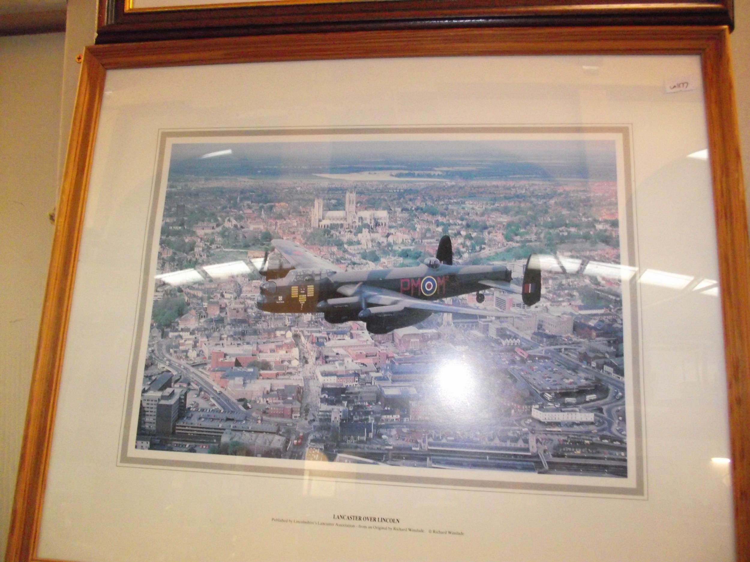 3 RAF related framed and glazed prints including signed Dutch solo display, Lancaster over Lincoln - Image 2 of 4