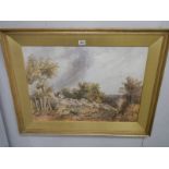 A framed and glazed rural scene with sheep watercolour, COLLECT ONLY.