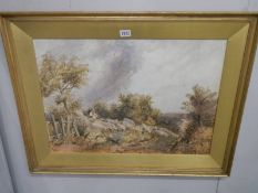 A framed and glazed rural scene with sheep watercolour, COLLECT ONLY.