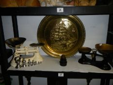 Two sets of kitchen scales with weights and a brass plaque. COLLECT ONLY.