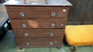 A Victorian pine chest of drawers with glass knobs, 103cm x 46cm x 104cm high, COLLECT ONLY