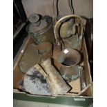 A box of metalware including brass and copper jugs, kettle on stand, primus pressure stove rolson
