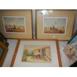 A framed and glazed watercolour and a pair of signed prints by R Cavella, COLLECT ONLY.