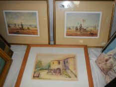 A framed and glazed watercolour and a pair of signed prints by R Cavella, COLLECT ONLY.